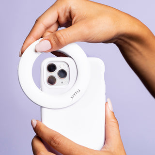 LITTIL Selfie One Ring Light on a iPhone with a soft purple background