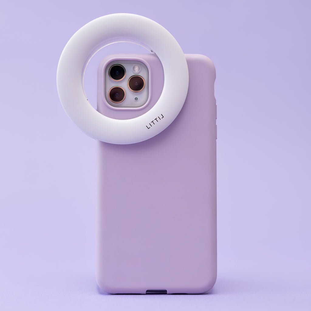 LITTIL Selfie One Ring Light on a iPhone with a soft purple background